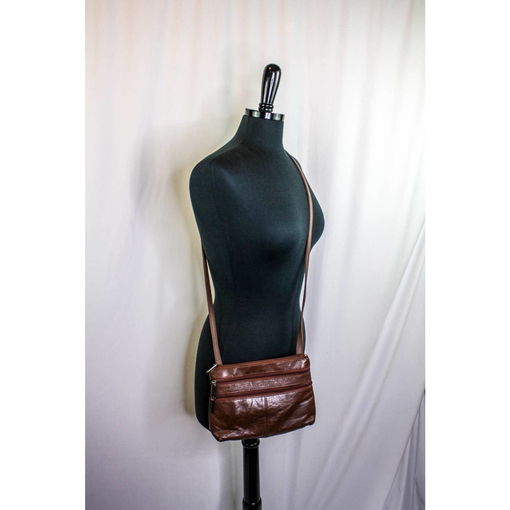 C Bags Leather Crossbody Purse Brown Zipped Pockets